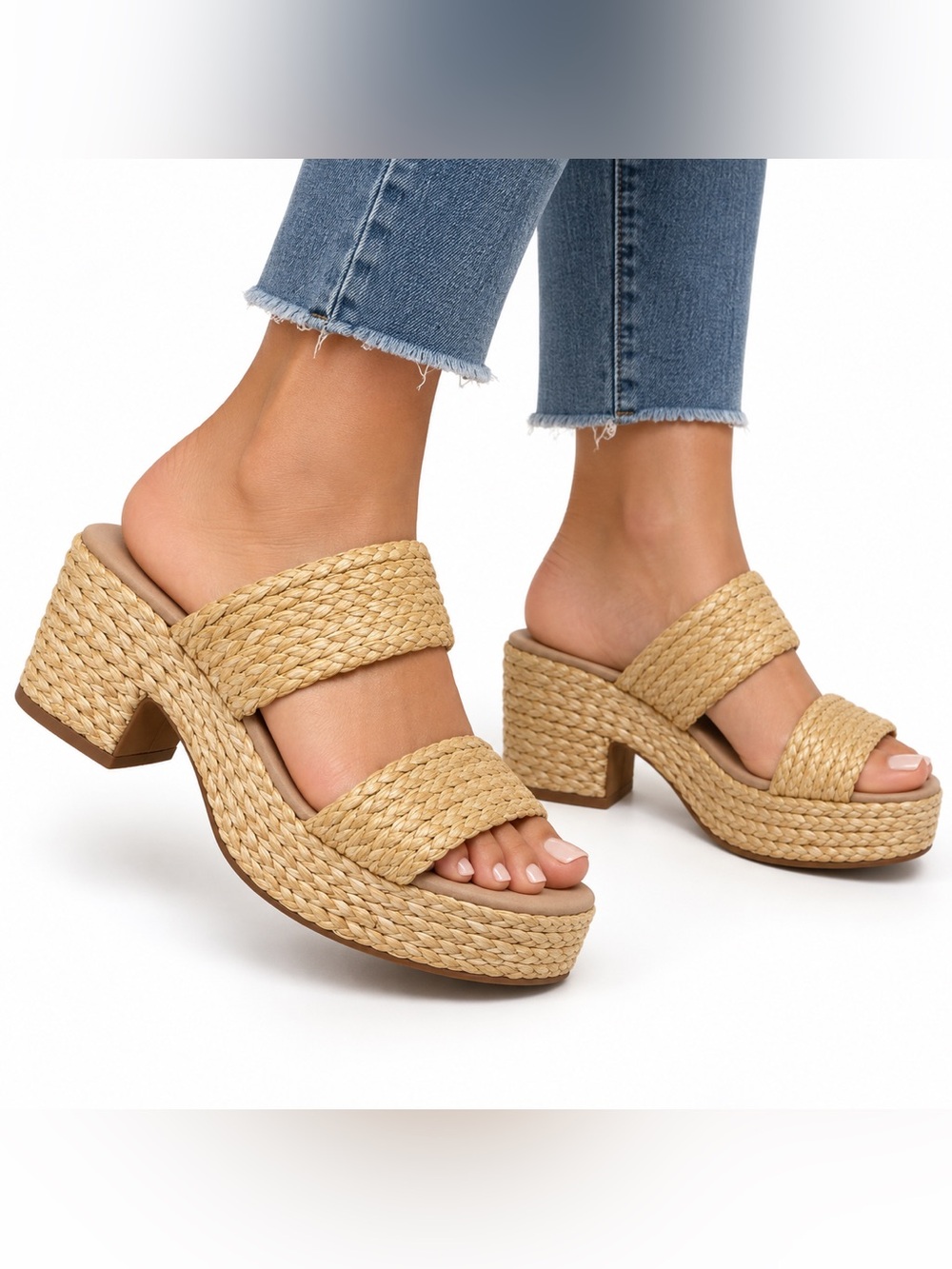 No Boundaries Natural Raffia Woven Platform Slide Sandals Block Heel Memory Foam